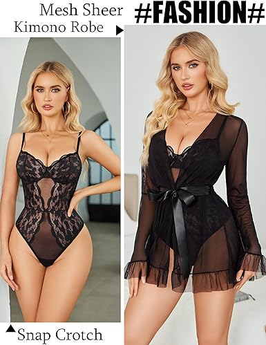 Avidlove Women Sexy Lingerie Set 2 Piece Sheer Kimono Robe with Lace Teddy Lingerie Bodysuit