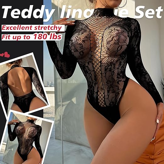 Sexy Lingerie for Women Naughty Fishnet Lingerie Set Bodysuit Outfits Teddy Sheer Mesh Erotic