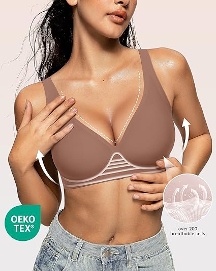 OEAK Womens Deep V Bras Wireless Comfortable Bra Supportive No Underwire Bras Tshirt Push Up Bralettes Plunge Seamless Bra